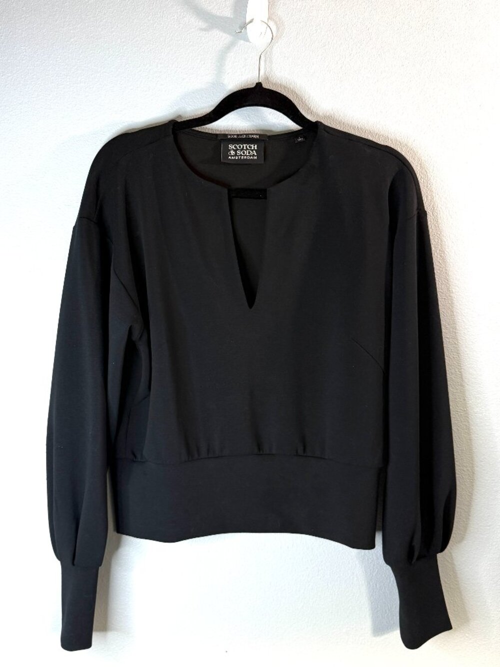 Scotch & Soda Good Luck Charm Black Deep V Blouson Sleeve Knit Top Modal Size S